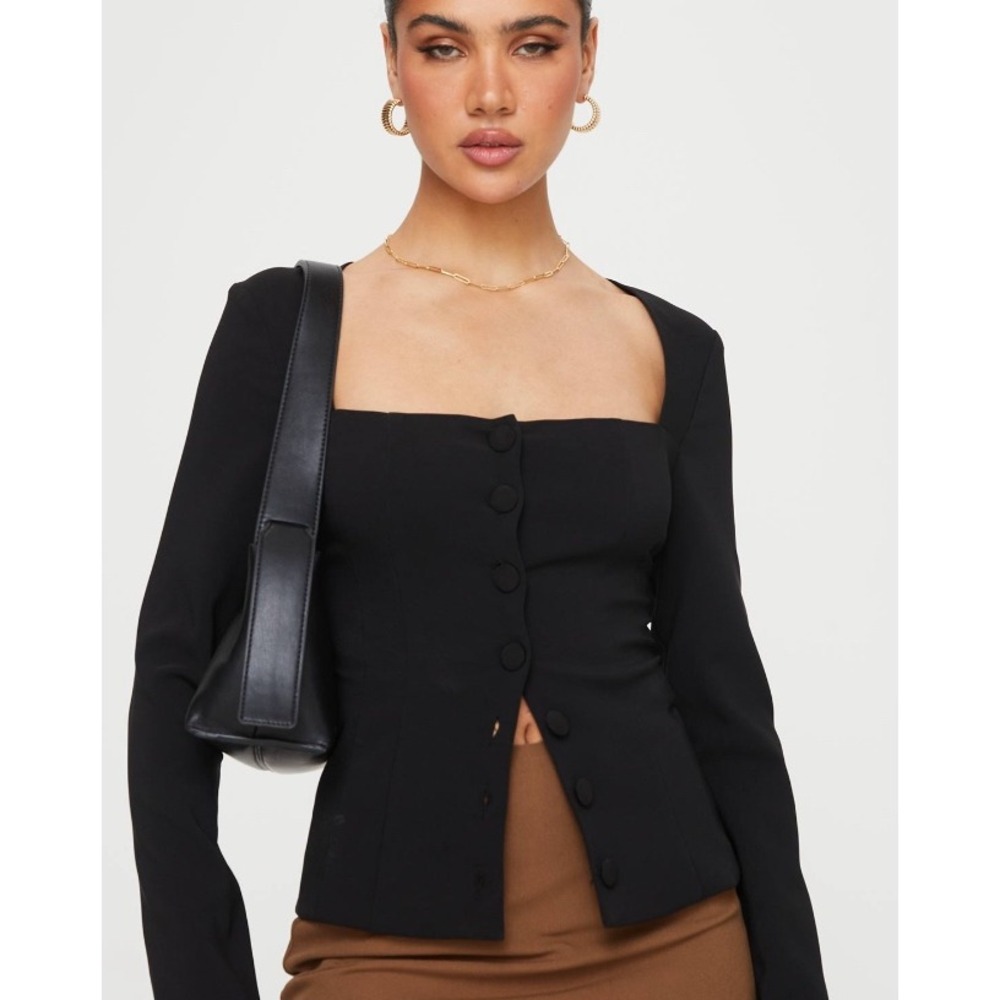 Princess Polly Gaskin Long Sleeve Top Black Square Neck Button Front Corset Sz 4
